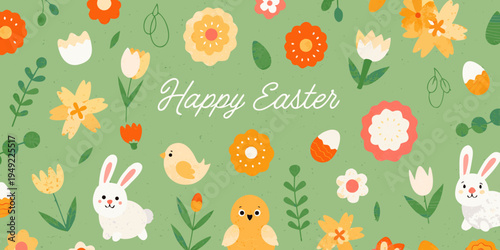 A cheerful easter scene with flowers bunnies chicks and eggs