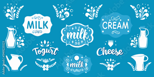 Hand drawn dairy product illustrations with labels and botanical elements