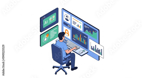 Isometric Data Analyst Working with Big Data on Multiple Screens.