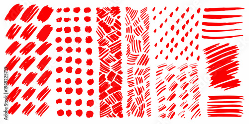 Abstract red scribble patterns arranged in vertical columns on white