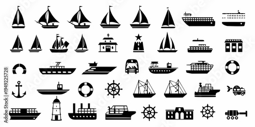 Collection of black silhouette icons depicting various boats and nautical elements