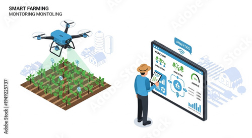 Smart farming monitoring with drone and digital tablet for crop management.