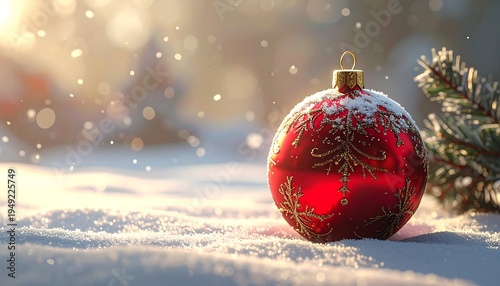 A vibrant red Christmas ornament, adorned with gold patterns, rests in glistening snow, illuminated by soft sunlight. A few snowflakes fall