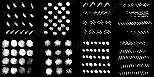 Abstract brushstroke patterns in black and white showcasing diverse textures