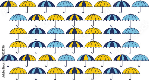 Colorful umbrella pattern set with yellow blue rain umbrellas repeating design weather protection vector illustration collection isolated on white background