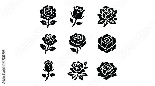 Seamless vintage floral pattern featuring a set of black and white rose illustrations with elegant leaf ornaments for a nature inspired wallpaper design