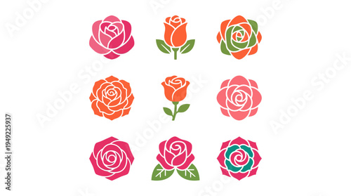 Set of rose flower illustrations with vibrant colors, perfect for artistic and decorative designs