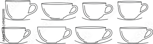 Coffee Cup Outline Icon Set with Teacup Line Illustrations for Cafe Menu Graphics, Coffee Shop Branding, Hot Beverage Symbols, and Barista Design Elements