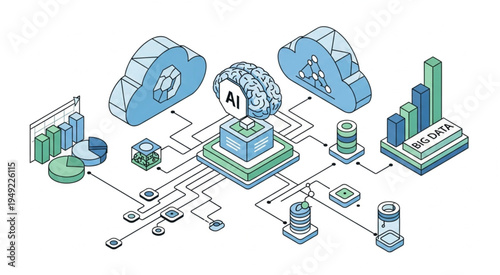 Isometric AI Data Analysis and Cloud Computing Network.
