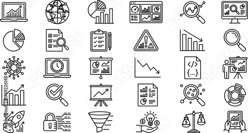 Data analytics and business statistics outline icons set with charts graphs dashboard research analysis vector illustration collection for marketing reports