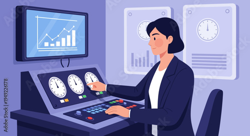 Woman Operating Control Panel with Monitors.