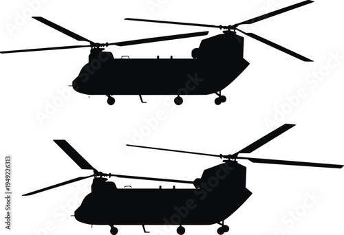 Military transport helicopter silhouettes, tandem rotor cargo aircraft vector set, aviation transport helicopter isolated illustration, military aircraft design
