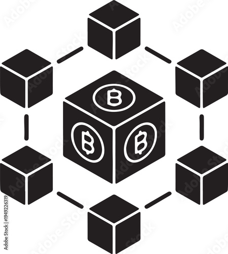 Interconnected cubes form a hexagon, with a central block featuring Bitcoin symbols, representing blockchain technology