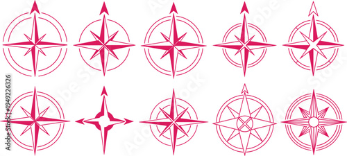Compass Rose Icon Set with Navigation Direction Symbols for Map Design, Maritime Travel, Adventure Exploration Graphics, and Cartography Direction Indicators