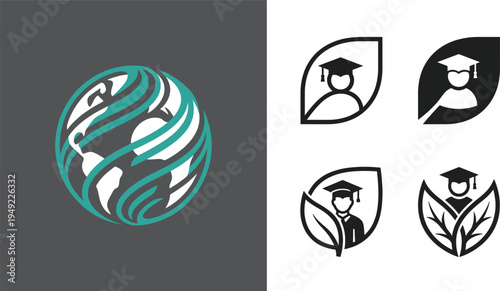 Education leaf logo icons set with graduate student academic emblem eco learning concept vector illustration collection for school branding