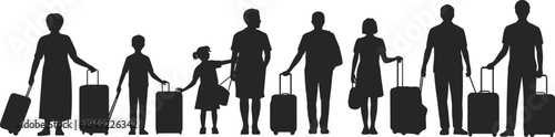 Travelers silhouettes with luggage collection, family travel vacation concept, airport passengers walking with suitcases vector, tourism journey illustration