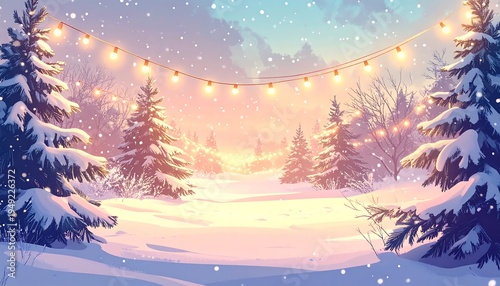 A snow-covered winter scene depicts a forest illuminated by warm, glowing string lights during snowfall. The air is misty, evoking a festive feel