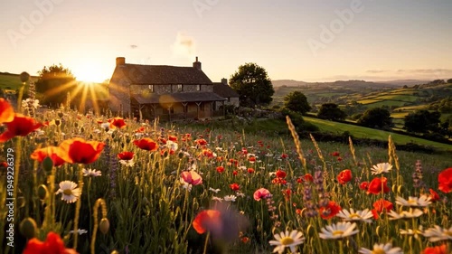 Rustic Farmhouse in Rolling Hills at Golden Hour