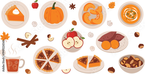 Autumn Harvest Food Collection with Pumpkin Pie, Apples, Sweet Potatoes, Soup, Hot Drink, Chestnuts and Fall Seasonal Desserts Vector Illustration Set.