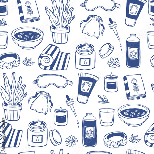 Blue Wellness Sleep and Spa Accessories Seamless Pattern. Cosmetics, Creams, Sleep Mask, Yoga Mat Flowerpot and Candle on White Background. Line Art hand-drawn. Vector Illustration