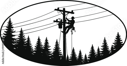 Electric lineman repairing power line silhouette, utility worker climbing pole, electricity maintenance technician vector, forest landscape industrial illustration