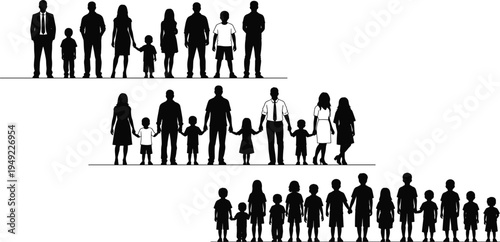 Family silhouettes collection, parents and children standing holding hands, diverse people group vector, black white human figures isolated illustration