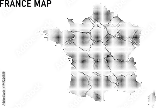 Abstract dotted France map silhouette illustration, black and white halftone country geography, digital european graphic design vector, french republic cartography background, modern border art style