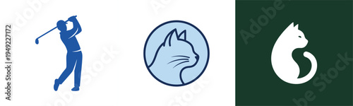 Golf player silhouette and cat logo icons set with sporty athlete swing and pet emblem vector illustration collection