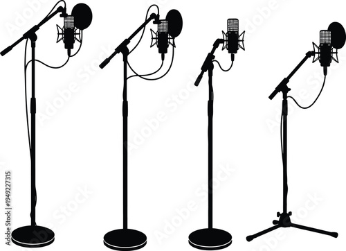 Studio microphone on stand silhouettes set, recording condenser mic with pop filter vector illustration for music podcast broadcast equipment