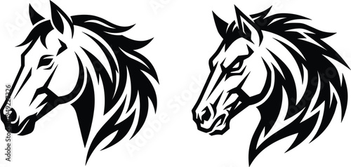 Horse head mascot logo icons set with powerful stallion profile illustration for sports team branding vector silhouette design