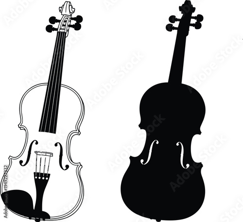 Violin silhouette and outline vector illustration, classical string musical instrument icon isolated for orchestra music design