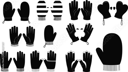 Winter gloves and mittens silhouette collection vector, warm handwear accessories set for cold weather clothing fashion design icons
