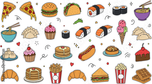 Cute Fast Food and Dessert Doodle Collection with Pizza, Burger, Sushi, Ramen, Dumplings, Pancakes, Hot Dog, Ice Cream and Snacks Vector Illustration Set.