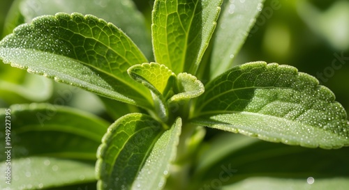 Stevia Plant Leaves Close Up Healthy Green Organic Herb.