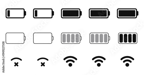 Battery Signal and Wi-Fi Icon Symbol, smartphone network indicator, wireless connection sign, battery power level status bar element, modern black and white vector icon for mobile interface, web UI de