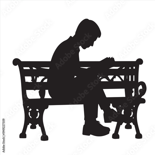 A vector illustration shows a silhouette of a man with a shopping cart and people sitting on a bench near an elderly couple drinking coffee at a table