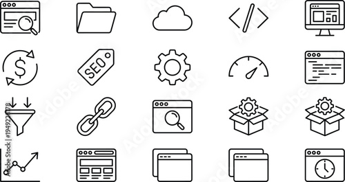 SEO and web development outline icons set with analytics coding cloud settings optimization digital marketing vector symbols collection isolated