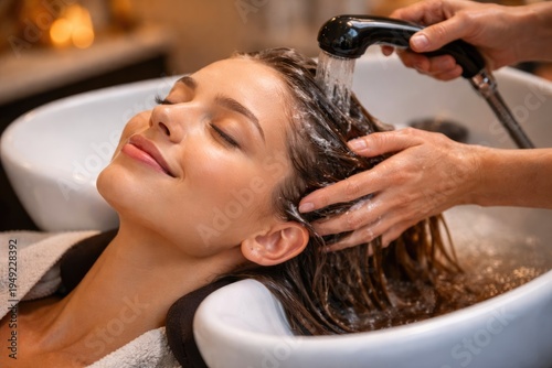 Professional hair washing treatment at beauty salon with relaxing spa atmosphere