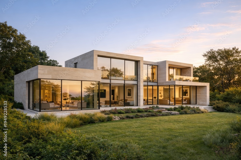 Obraz premium Luxury Modern House with Panoramic Glass Windows and Landscaped Garden