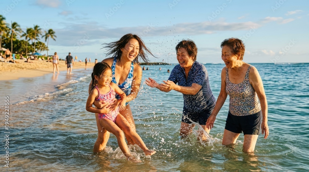 Obraz premium Three generations of women joyfully splash in the ocean waves. A young girl, an adult woman, and an older woman are laughing and playing together.