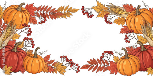 A vibrant autumnal border featuring pumpkins, leaves, and berries on a white background.