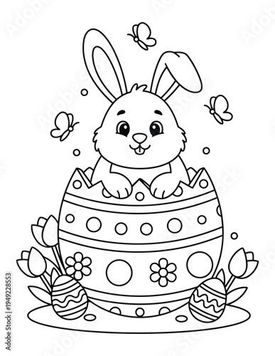 Easter bunny popping from decorated egg with butterflies and flowers coloring page art