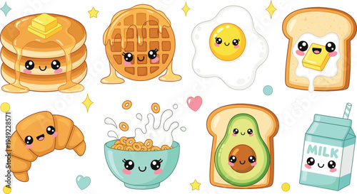 Cute Kawaii Breakfast Food Collection with Pancakes, Waffle, Fried Egg, Toast, Croissant, Cereal, Avocado Toast and Milk Cartoon Vector Set.