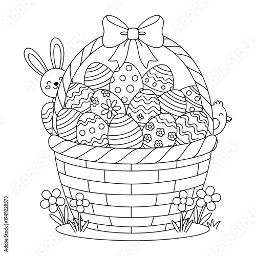 Easter basket packed with patterned eggs and chicks in spring flowers coloring page art