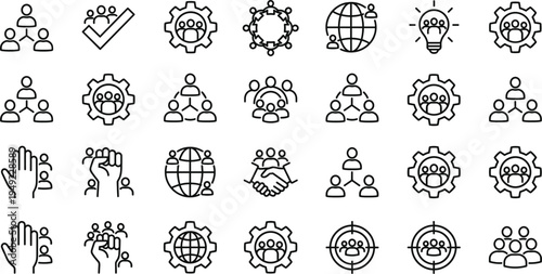 Teamwork collaboration and business management outline icons set with people network gear strategy idea partnership vector illustration collection