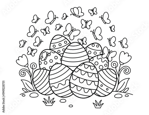Easter eggs with butterflies and spring flowers coloring page illustration for kids