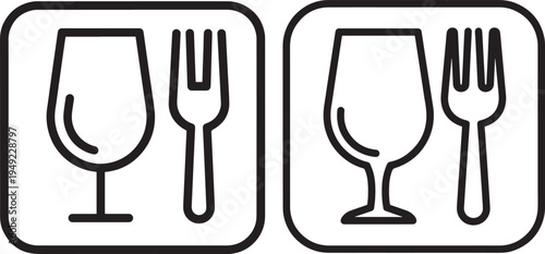 Icons of a wine glass and fork on a white square background, representing dining, restaurants, and culinary arts, Flat Design, Design Element, Icon Set