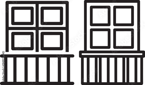 Window and Balcony Icons for Architecture, Apartment Buildings, and Residential Real Estate, Line Art, Graphic Element, Web Icon, Black White, App Icon, Residential Building