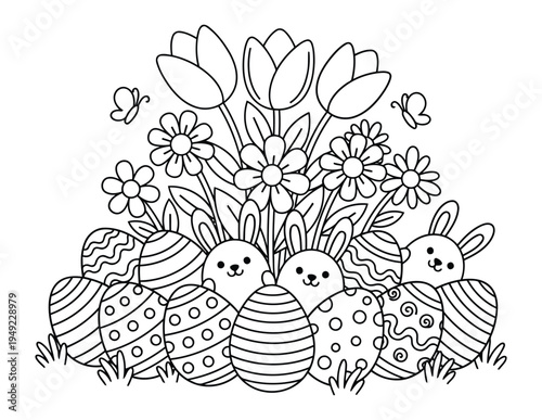 Easter eggs with cute bunnies and spring flowers coloring page illustration
