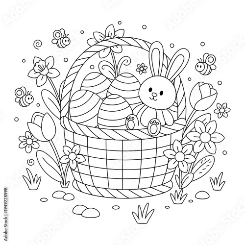 Easter basket with bunny decorated eggs and spring flowers coloring page illustration